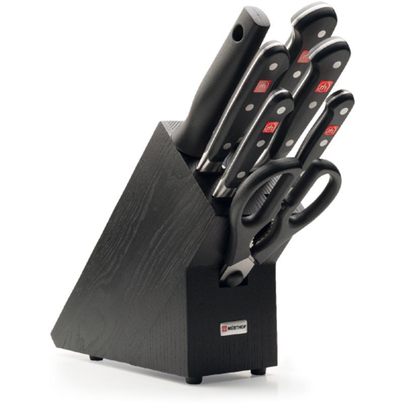 Juego Set Cuchillos Cocina Tijera Afilador Taco Madera 18 Pz Color Madera,  Negro Y Plateado