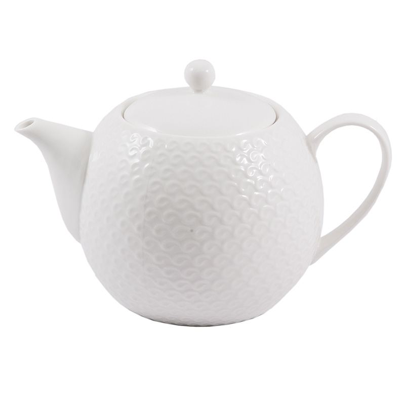 Tetera de porcelana blanca con motivo exterior en relieve.