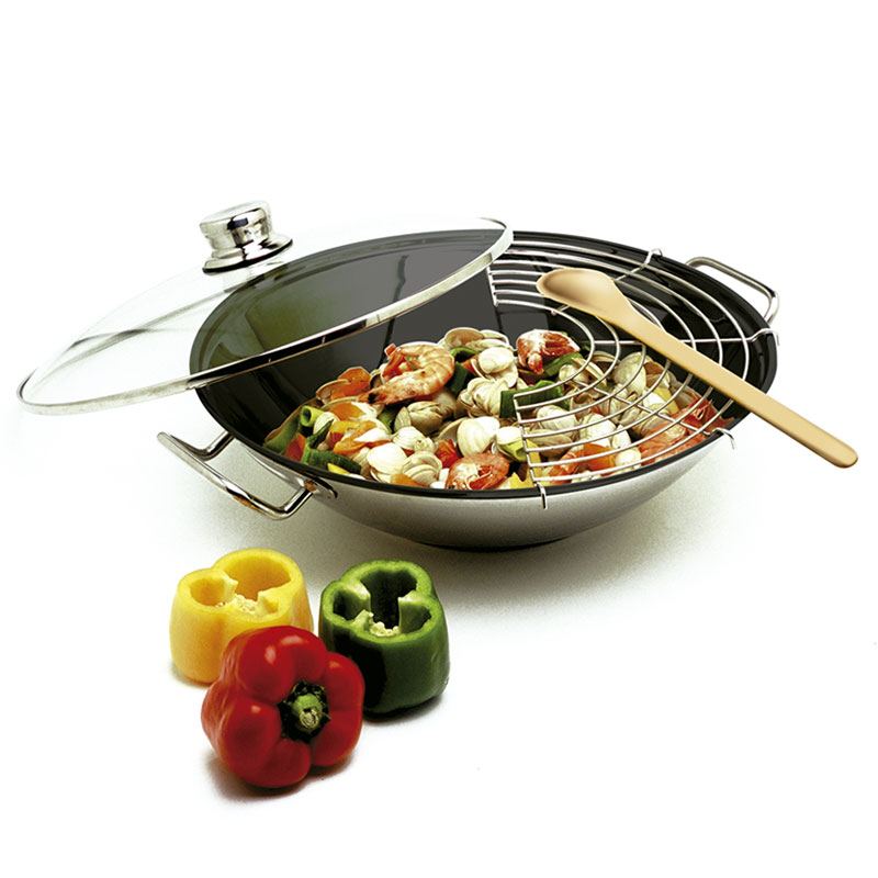 Wok Inducción Inox. con asas ¡tapa, rejilla y espátula incluidas!