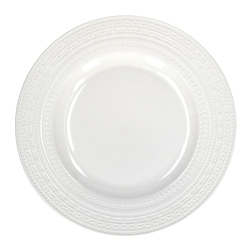 Plato llano de porcelana blanca Casale con cenefa en relieve.