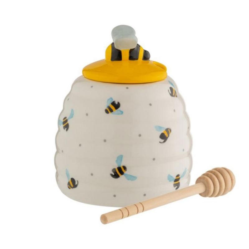 Mielera de cerámica con palo de miel, diseño de abejas