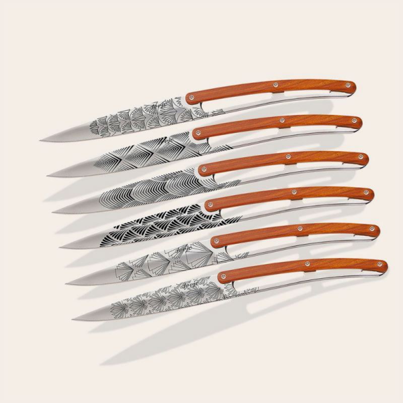 Juego de Cuchillos de Mesa Motivo Art Deco y Mango Madera de Coral