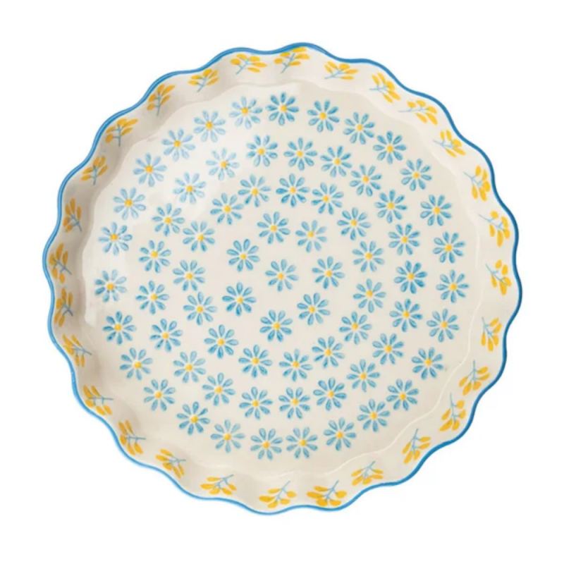 molde para tarta y quiche en cerámica de gres estampado floral azul