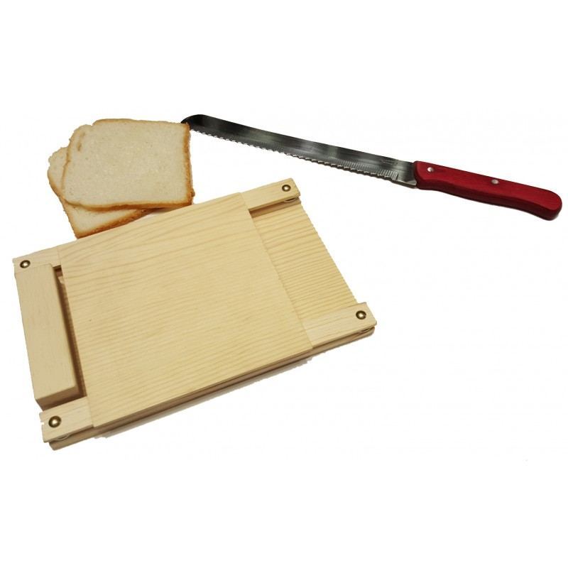 Soporte de madera para cortar de pan de molde de un grosor perfecto.