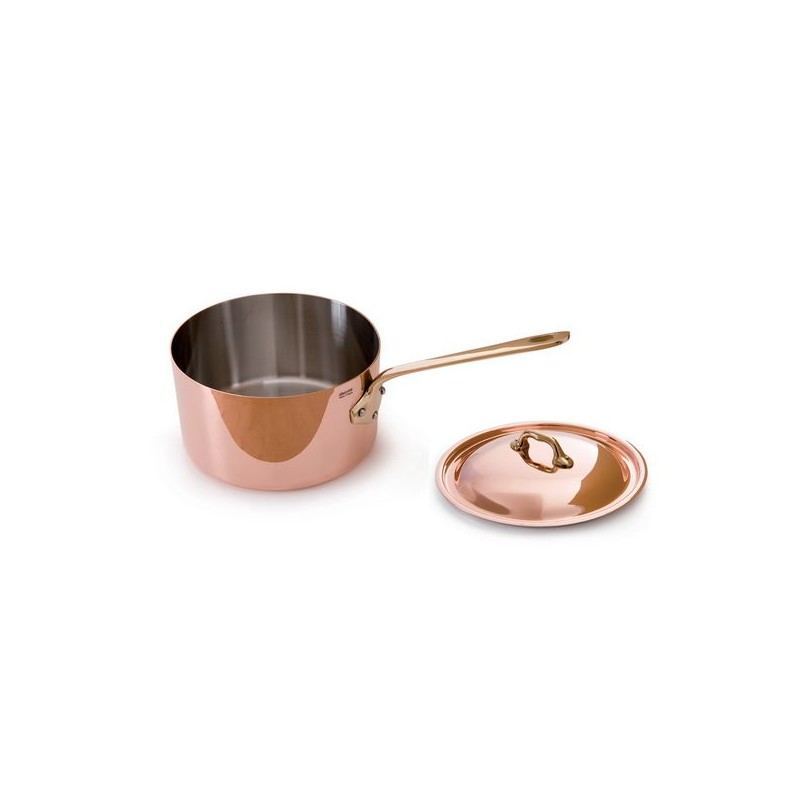 Mini cazo de cobre e inox con tapa y con mango de bronce. Diámetro 9cm