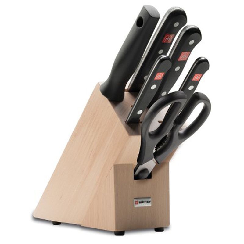 Tacoma de madera con 4 cuchillos Wusthof Gourmet, chaira y tijeras