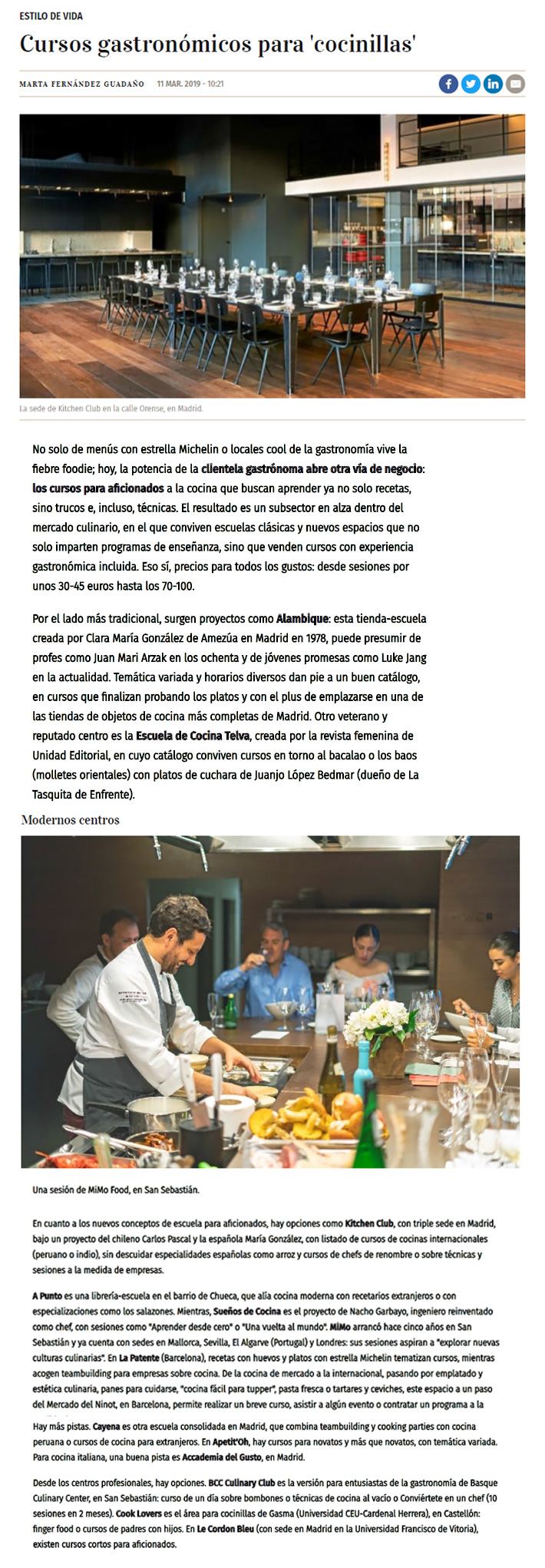 Artículo del diario Expansión sobre escuelas de cocina